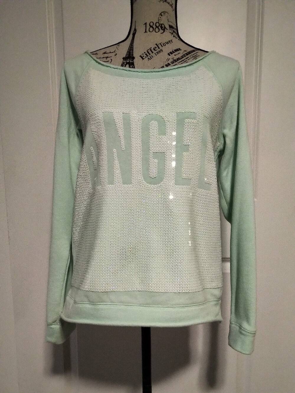 Vintage Victoria's Secret Light Green Sequin Angel Off-Shoulder Sweathshirt-M
